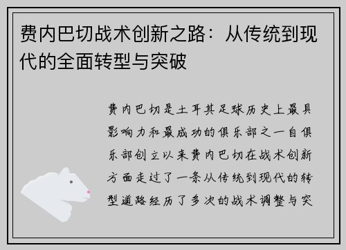 费内巴切战术创新之路：从传统到现代的全面转型与突破